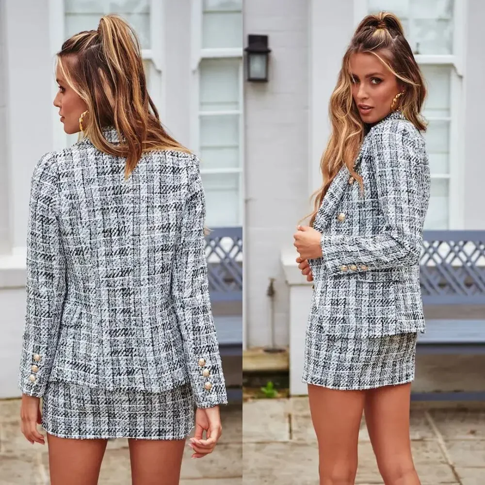 Lioness Catania Blazer Black White Tweed M Gold Preppy Academia Boss Babe